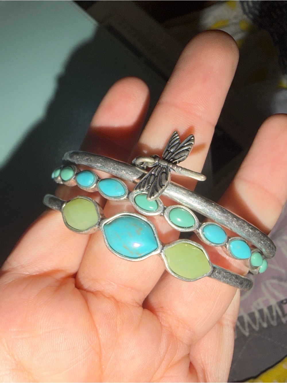 Vintage Turquoise & Mint Green Dragonfly Bangle Bracelets - Set of 3